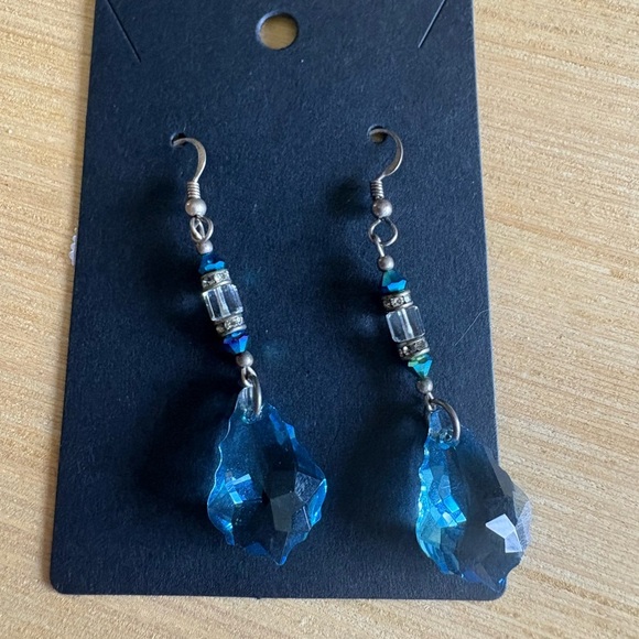 Blue and Silver Teardrop Earrings with Crystal Pendants - Picture 1 of 1